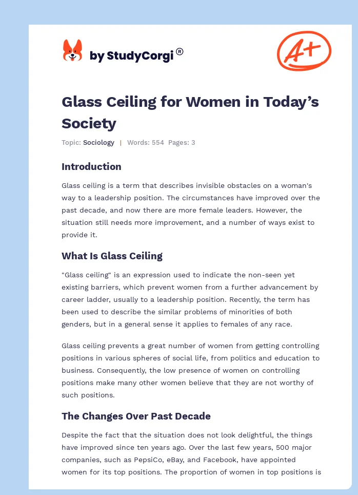 Glass Ceiling for Women in Today’s Society. Page 1