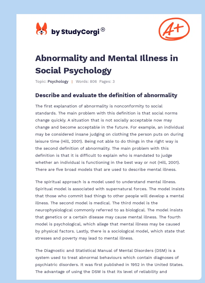 Abnormality and Mental Illness in Social Psychology. Page 1