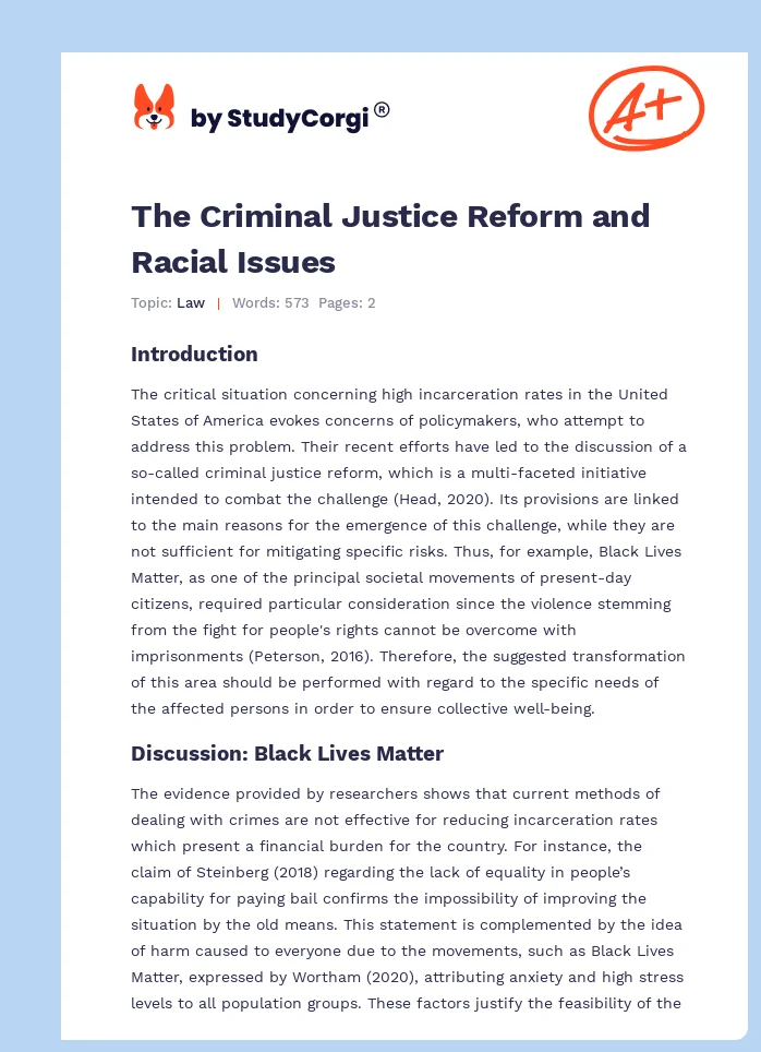 The Criminal Justice Reform and Racial Issues. Page 1