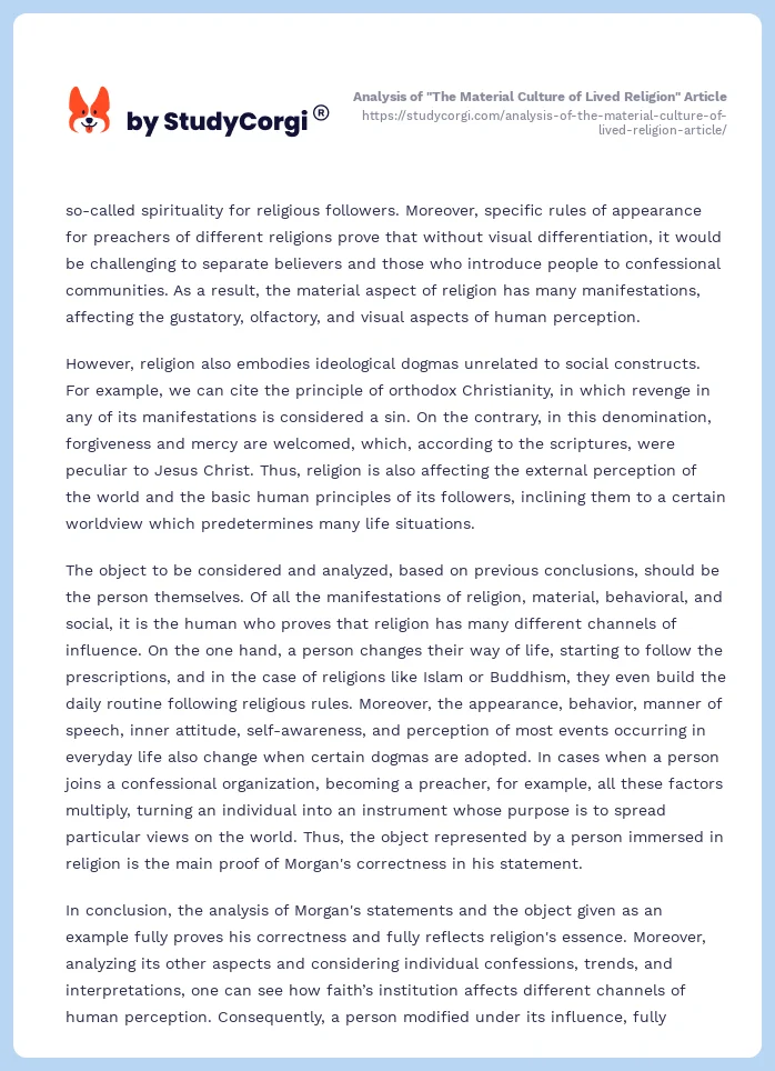 Analysis of "The Material Culture of Lived Religion" Article. Page 2