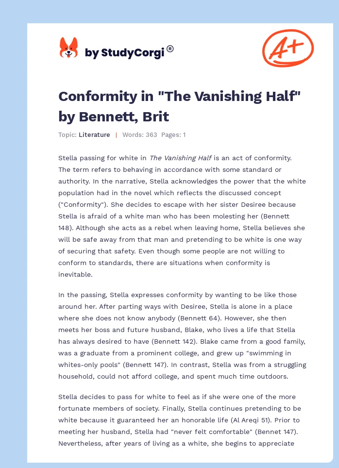 Conformity in "The Vanishing Half" by Bennett, Brit. Page 1