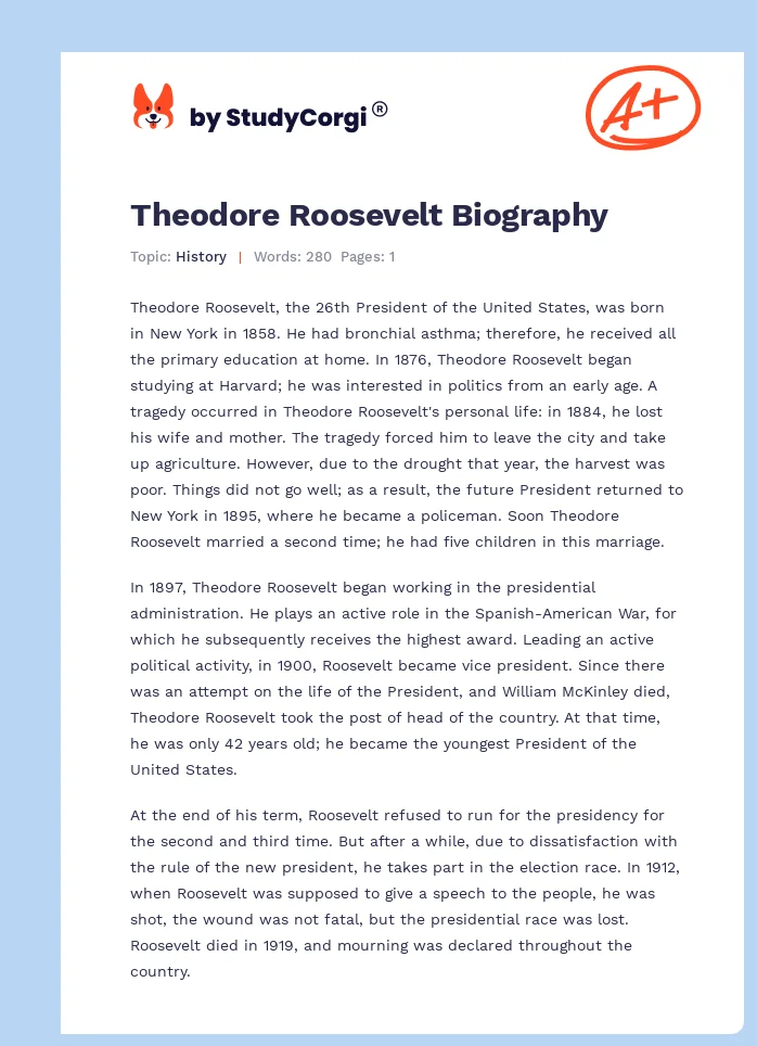 Theodore Roosevelt Biography. Page 1