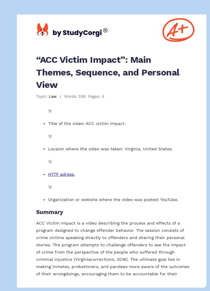 “ACC Victim Impact”: Main Themes, Sequence, and Personal View. Page 1