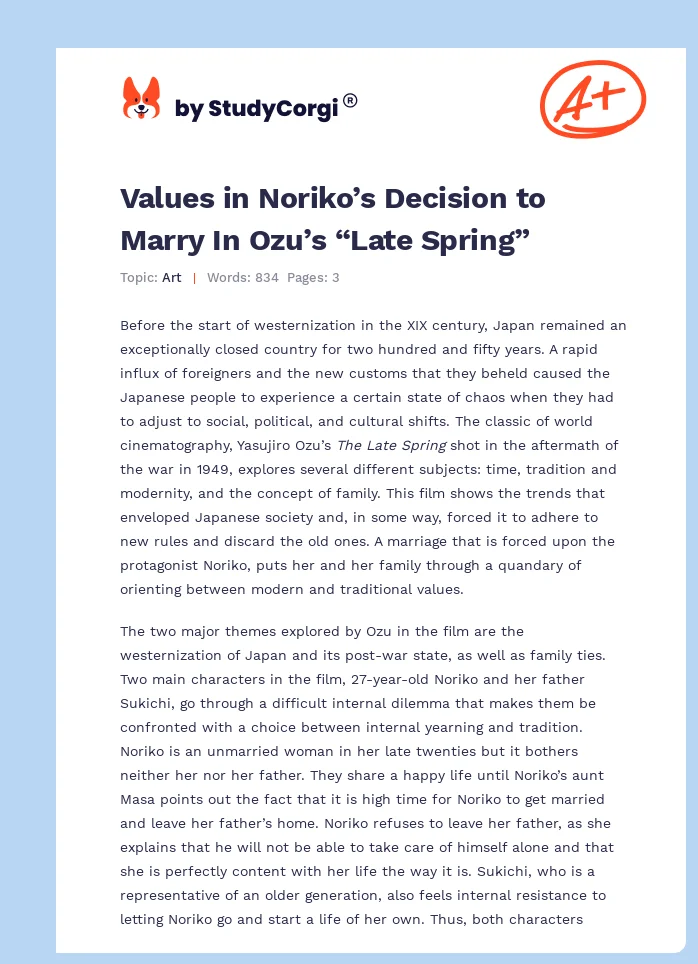 Values in Noriko’s Decision to Marry In Ozu’s “Late Spring”. Page 1