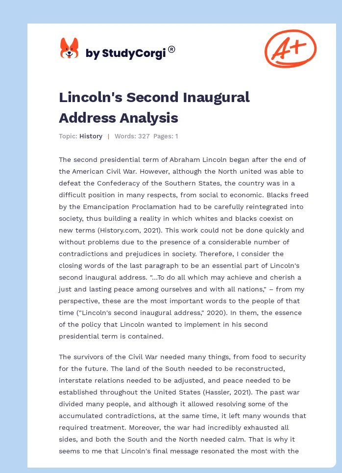 Lincoln's Second Inaugural Address Analysis. Page 1