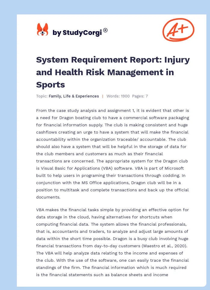System Requirement Report: Injury and Health Risk Management in Sports. Page 1