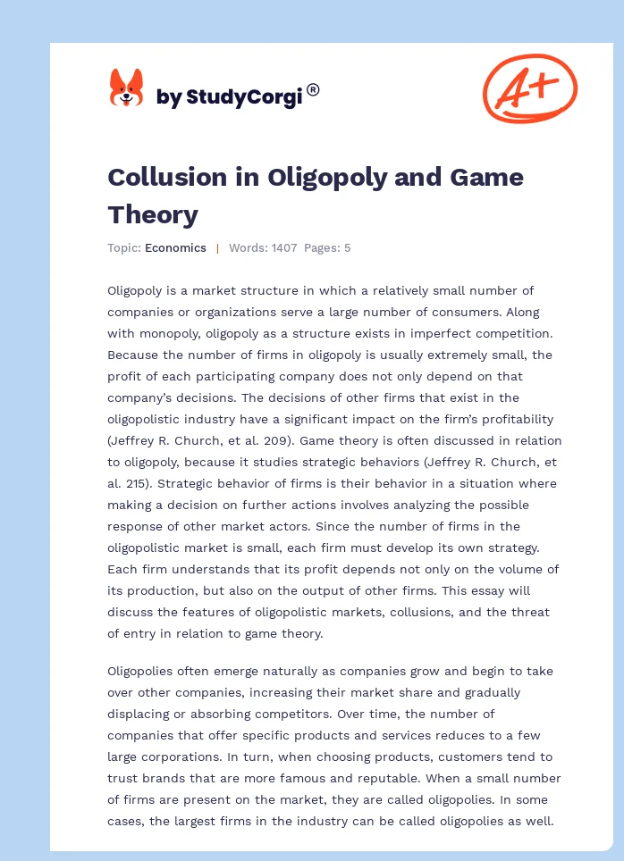 Collusion in Oligopoly and Game Theory. Page 1
