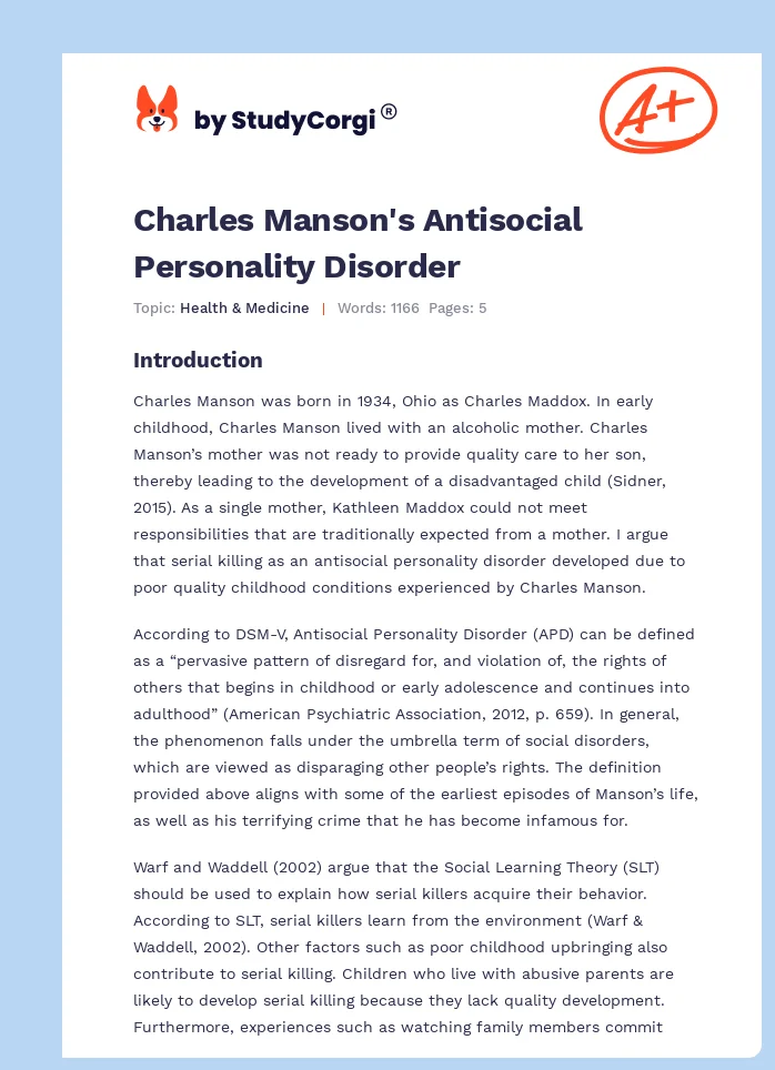 Charles Manson's Antisocial Personality Disorder. Page 1