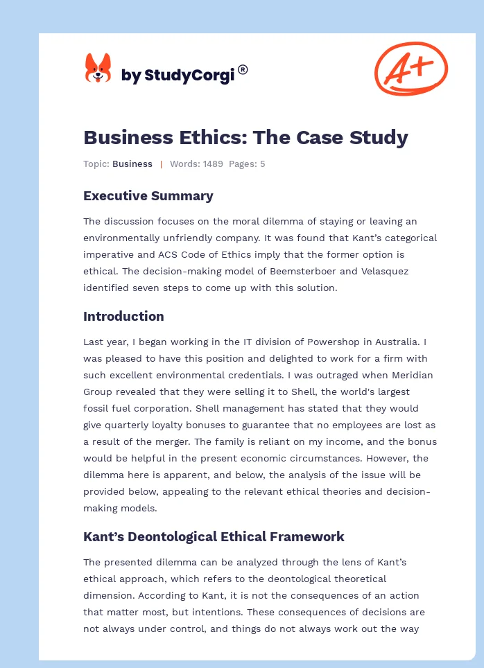 Business Ethics: The Case Study. Page 1