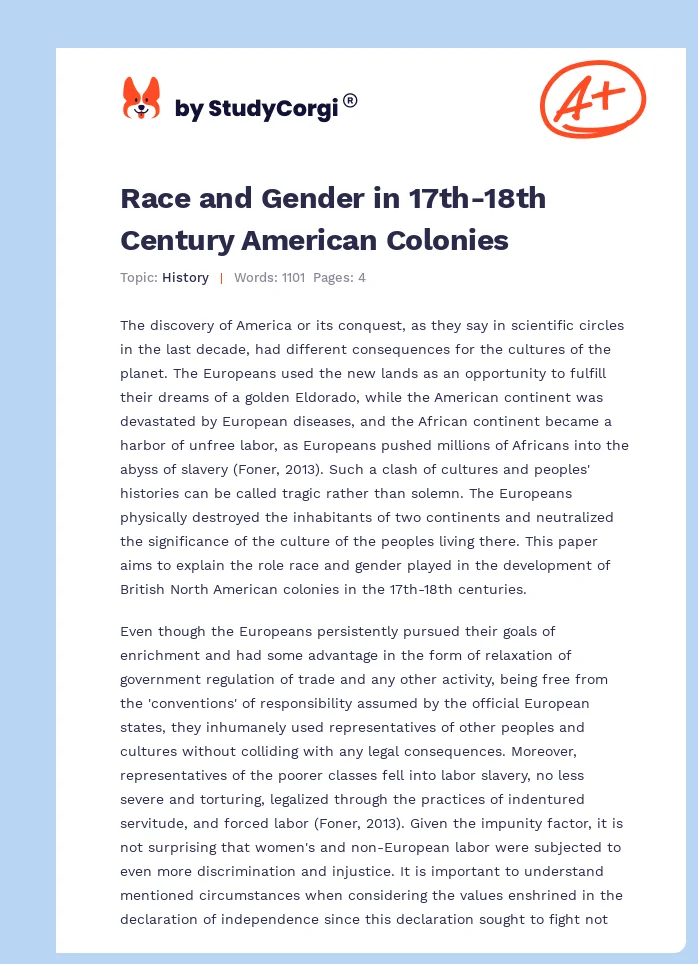 Race and Gender in 17th-18th Century American Colonies. Page 1