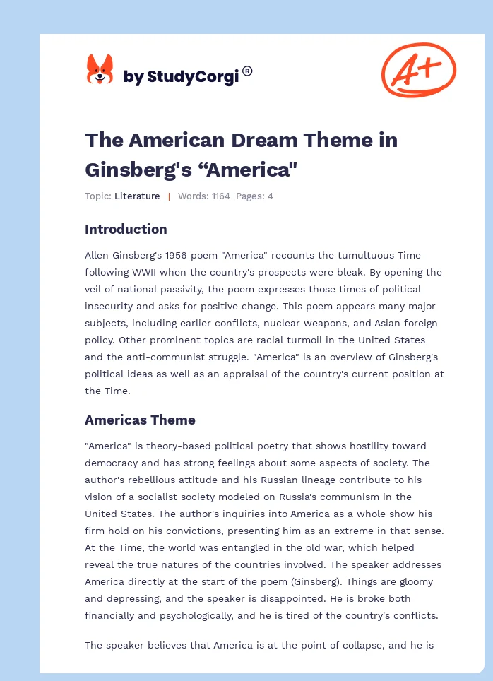 The American Dream Theme in Ginsberg's “America". Page 1
