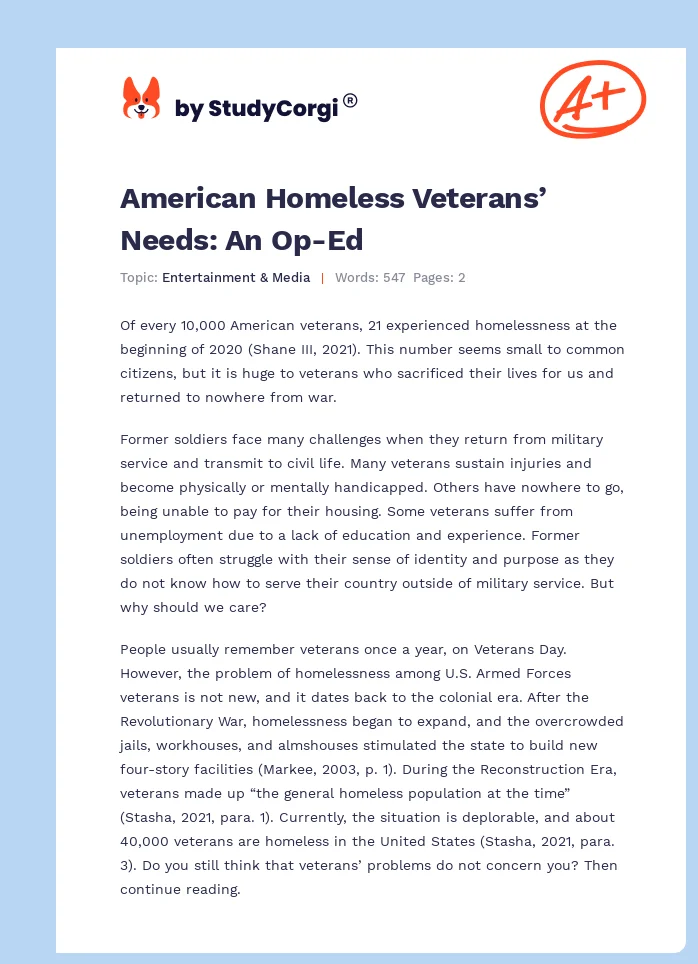 American Homeless Veterans’ Needs: An Op-Ed. Page 1