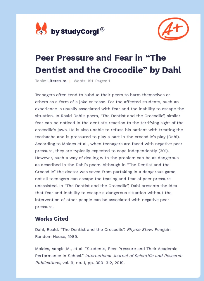 Peer Pressure and Fear in “The Dentist and the Crocodile” by Dahl. Page 1