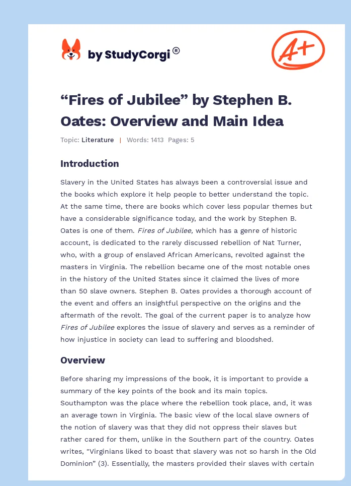“Fires of Jubilee” by Stephen B. Oates: Overview and Main Idea. Page 1