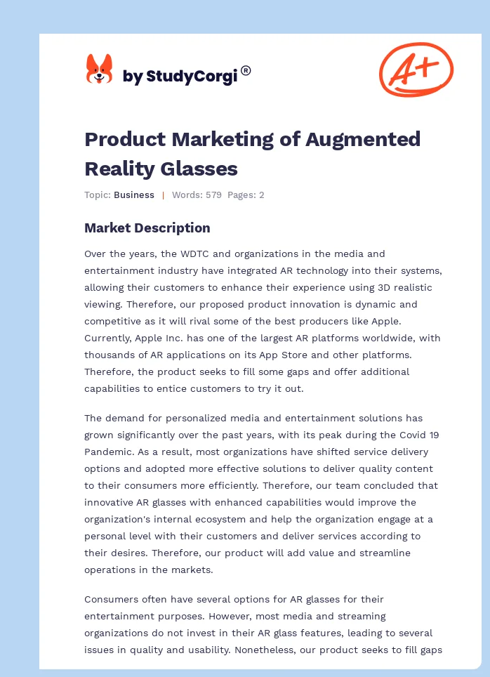 Product Marketing of Augmented Reality Glasses. Page 1