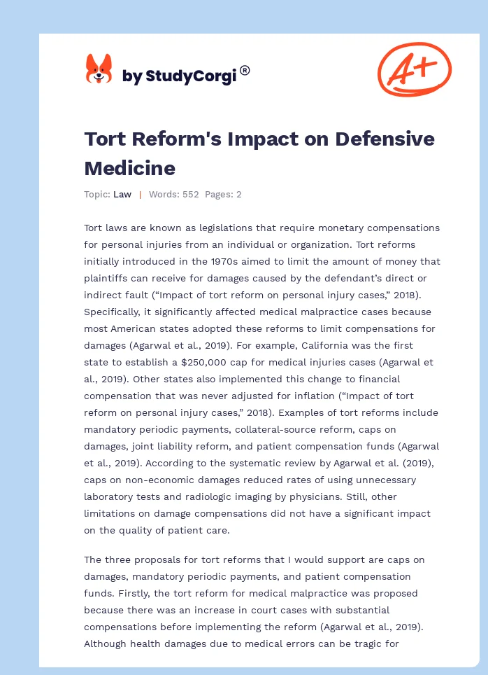Tort Reform's Impact on Defensive Medicine. Page 1