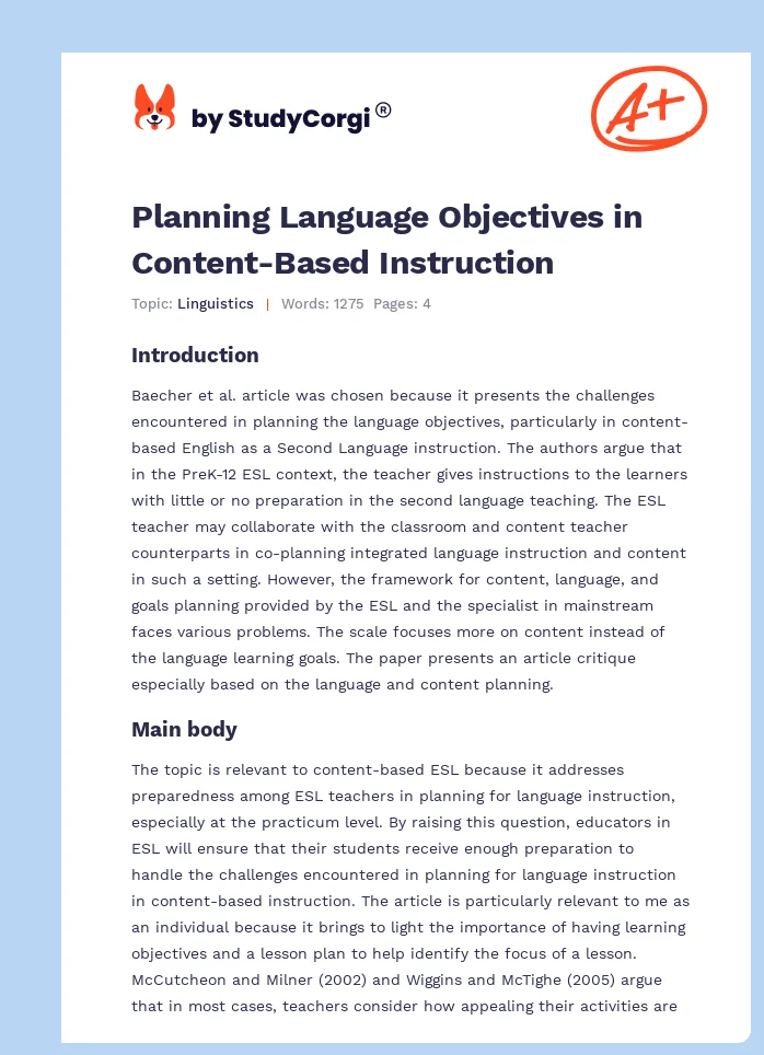 Planning Language Objectives in Content-Based Instruction. Page 1