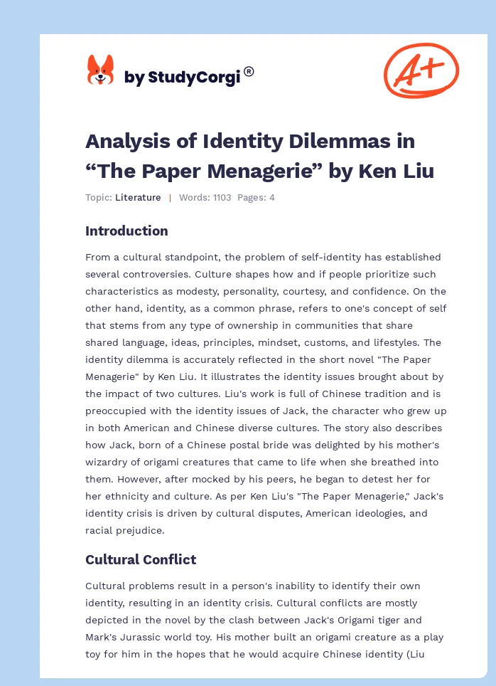Analysis of Identity Dilemmas in “The Paper Menagerie” by Ken Liu. Page 1