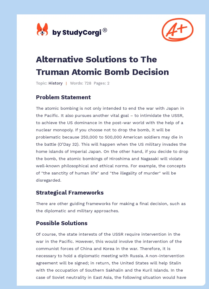 Alternative Solutions to The Truman Atomic Bomb Decision. Page 1