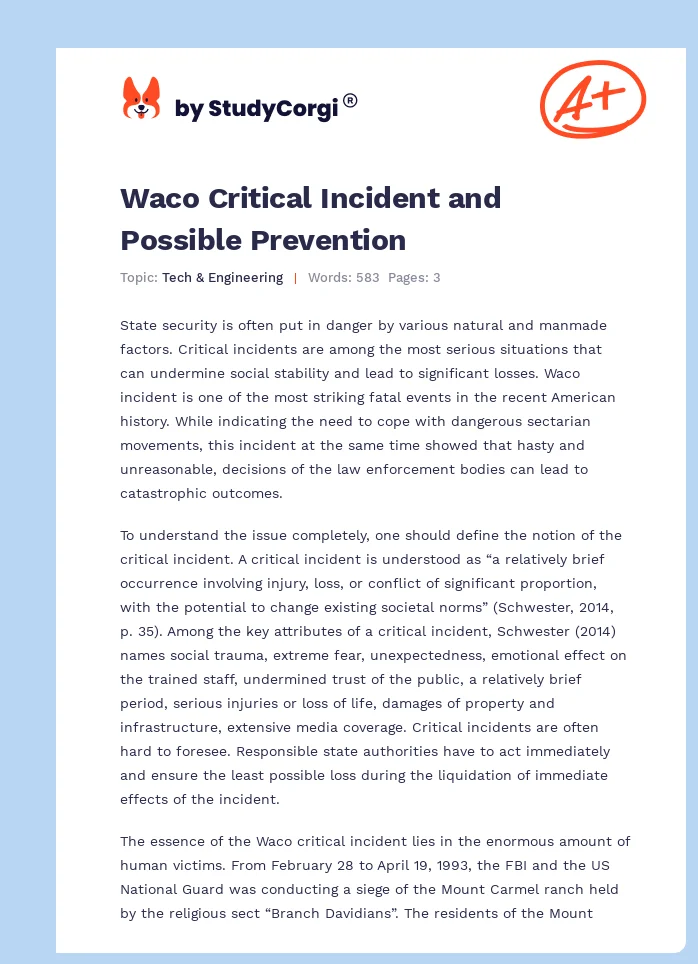 Waco Critical Incident and Possible Prevention. Page 1