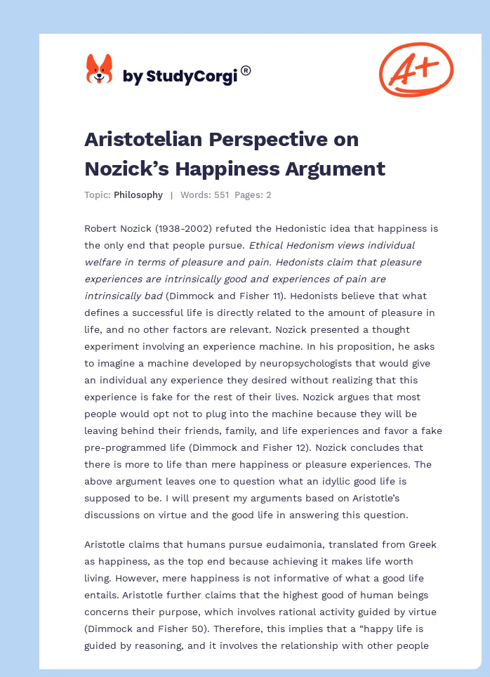 Aristotelian Perspective on Nozick’s Happiness Argument. Page 1