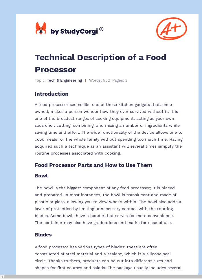 Technical Description of a Food Processor. Page 1