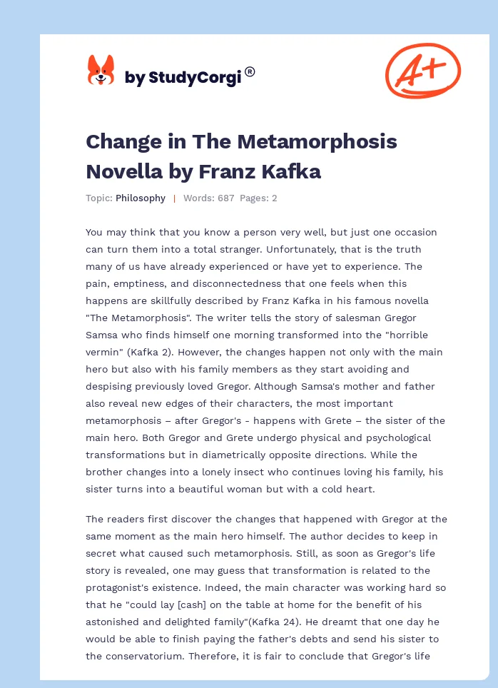 Change in The Metamorphosis Novella by Franz Kafka. Page 1