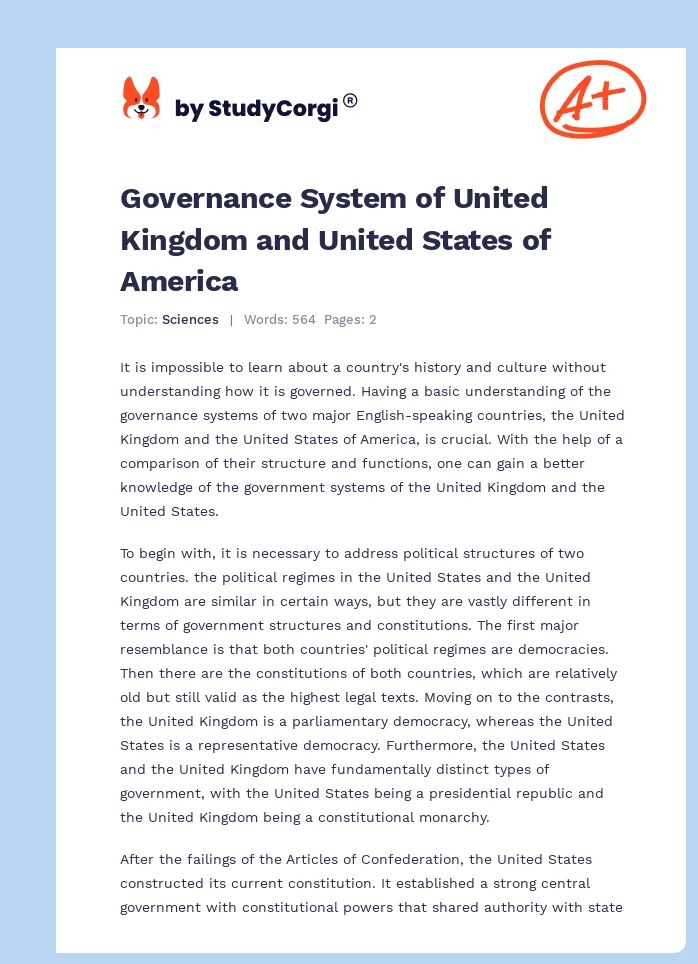 Governance System of United Kingdom and United States of America. Page 1