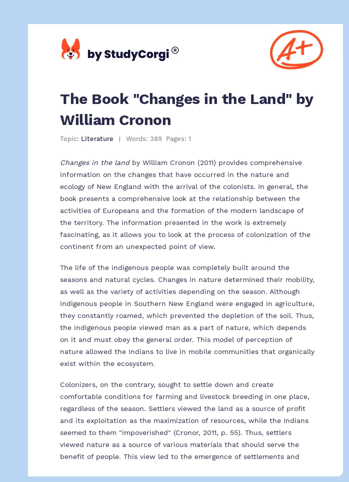 The Book "Changes in the Land" by William Cronon. Page 1