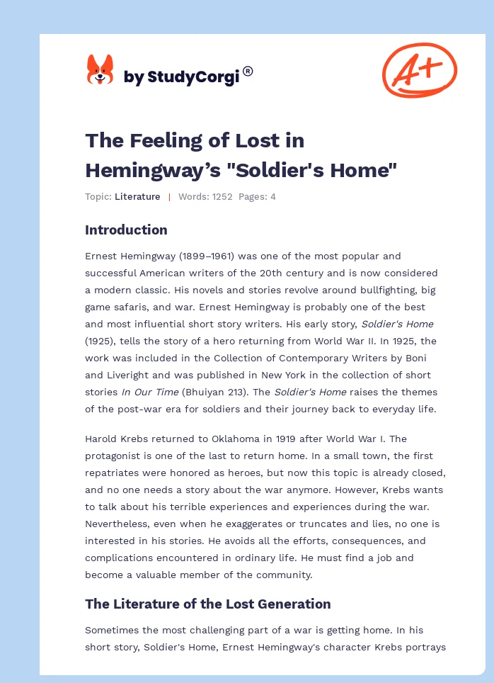 The Feeling of Lost in Hemingway’s "Soldier's Home". Page 1