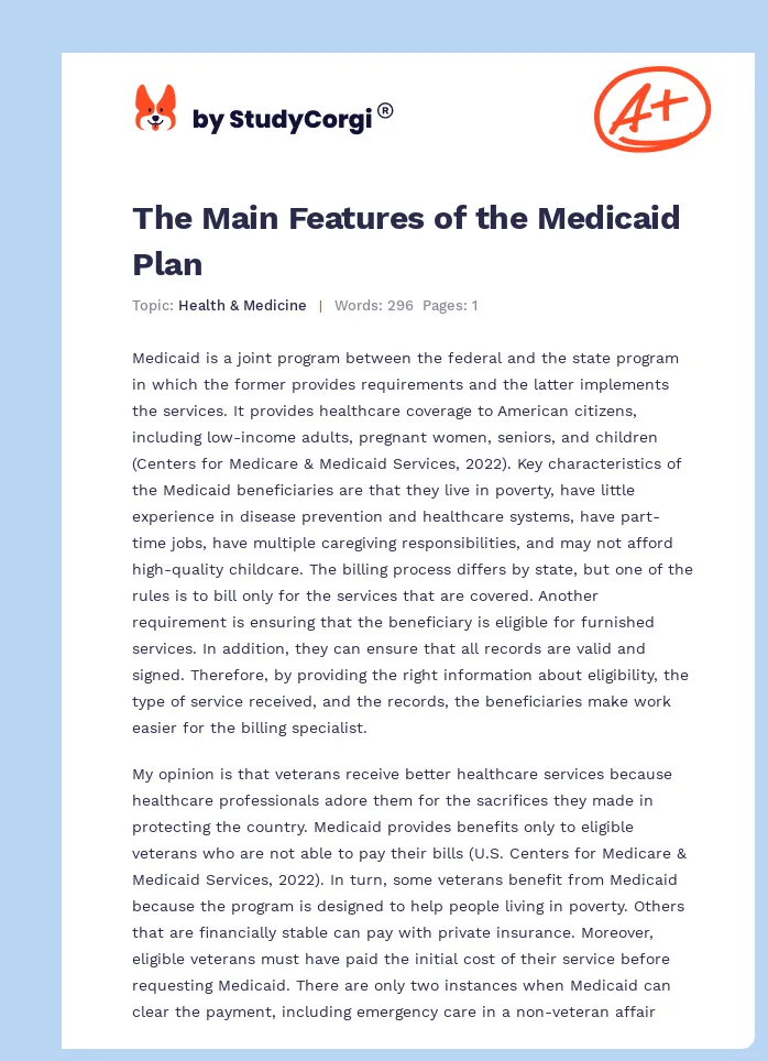 The Main Features of the Medicaid Plan. Page 1