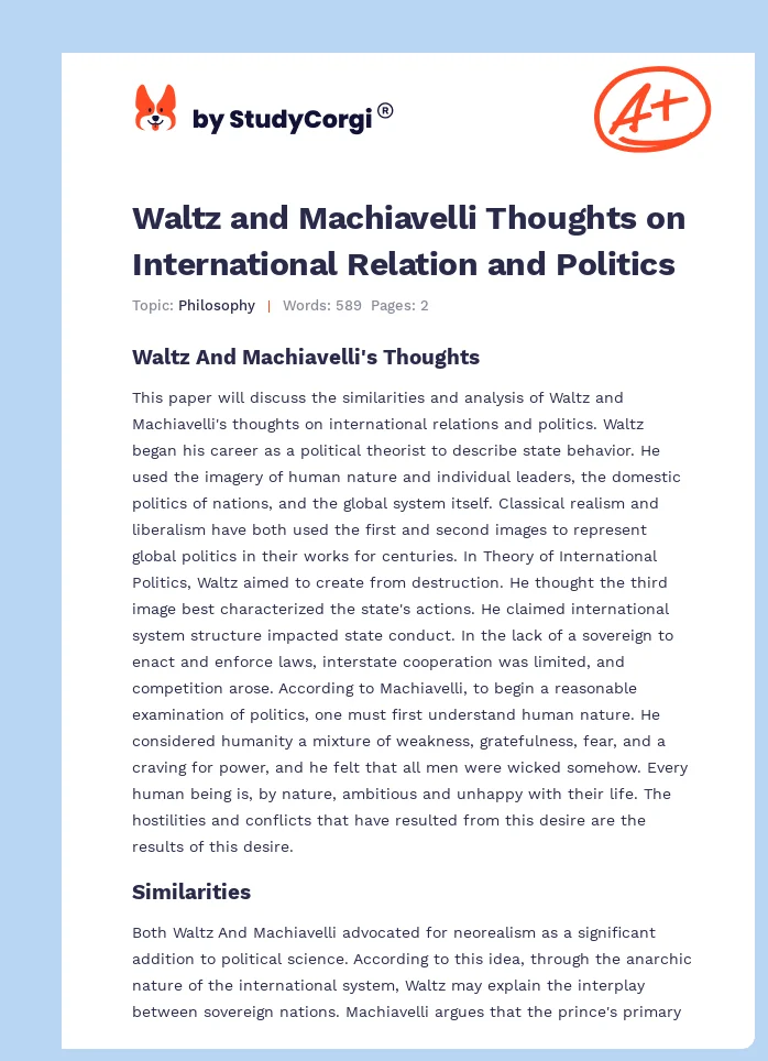 Waltz and Machiavelli Thoughts on International Relation and Politics. Page 1