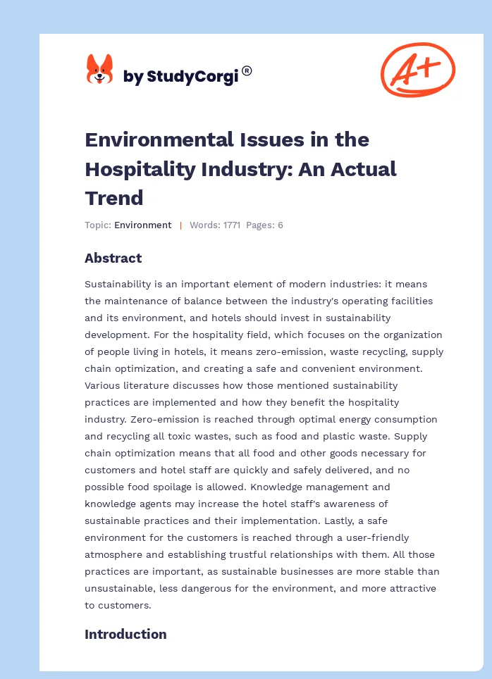 Environmental Issues in the Hospitality Industry: An Actual Trend. Page 1