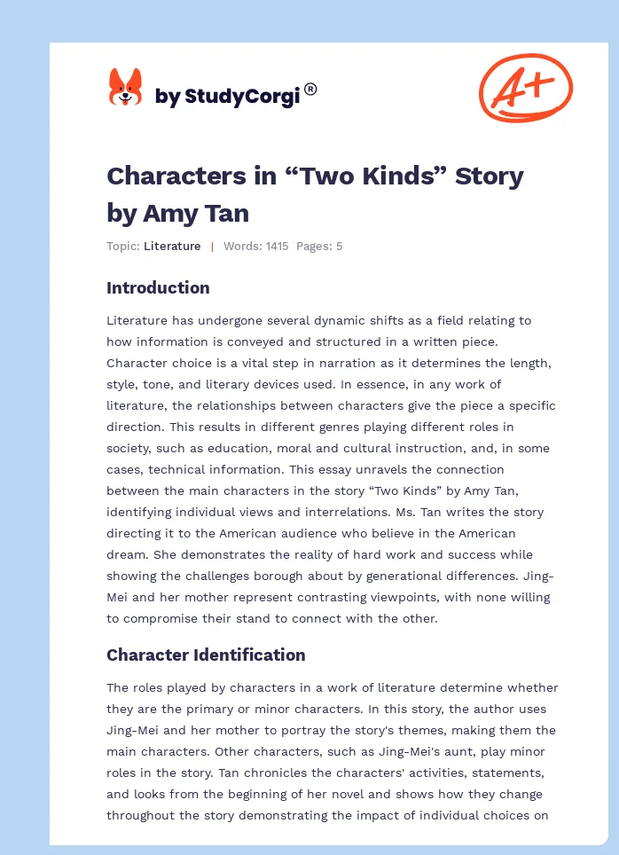Characters in “Two Kinds” Story by Amy Tan. Page 1