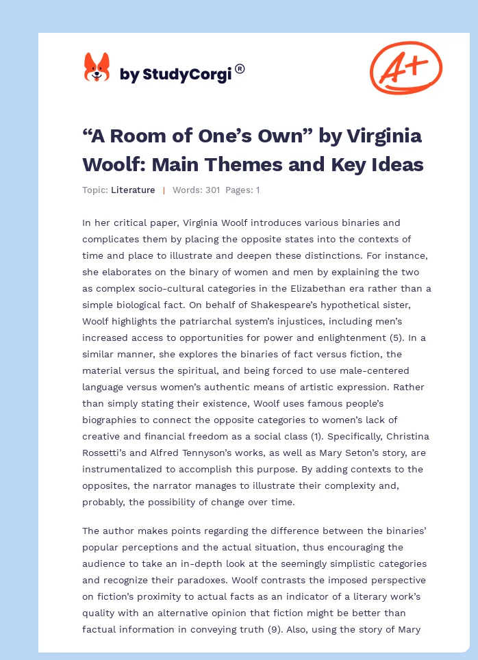 “A Room of One’s Own” by Virginia Woolf: Main Themes and Key Ideas. Page 1