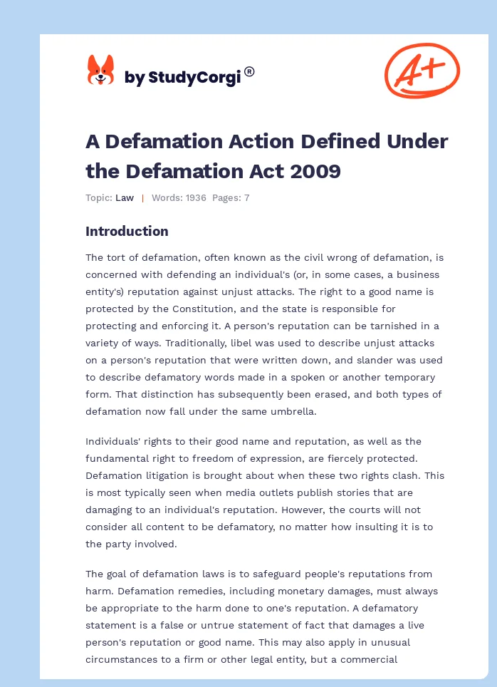 A Defamation Action Defined Under the Defamation Act 2009. Page 1
