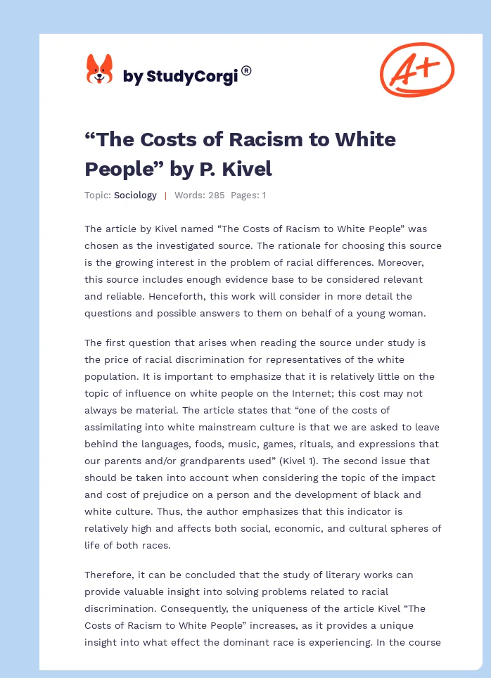 “The Costs of Racism to White People” by P. Kivel. Page 1