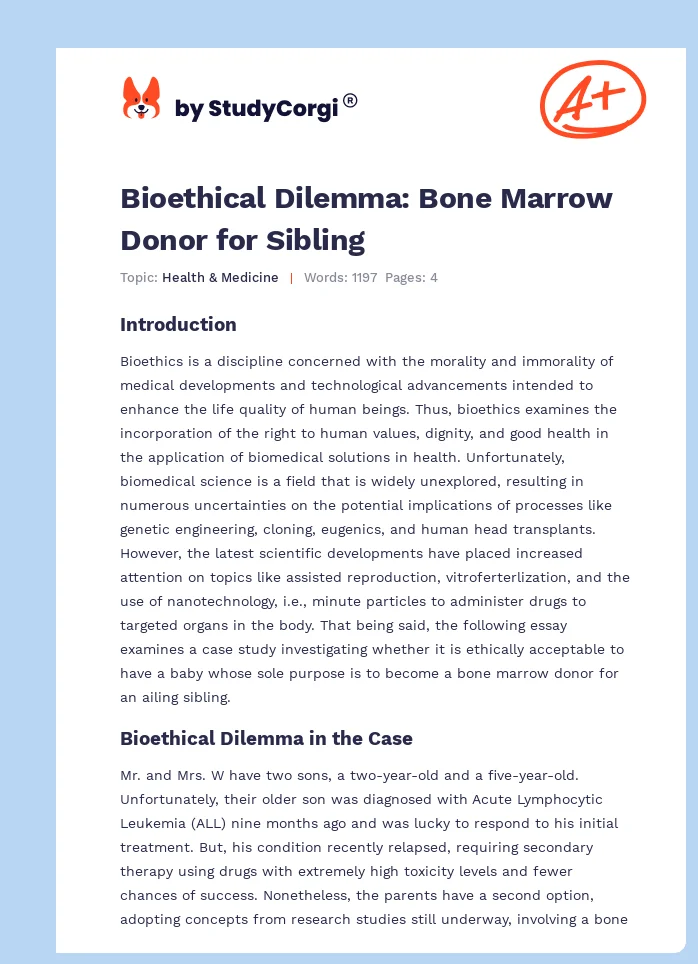 Bioethical Dilemma: Bone Marrow Donor for Sibling. Page 1