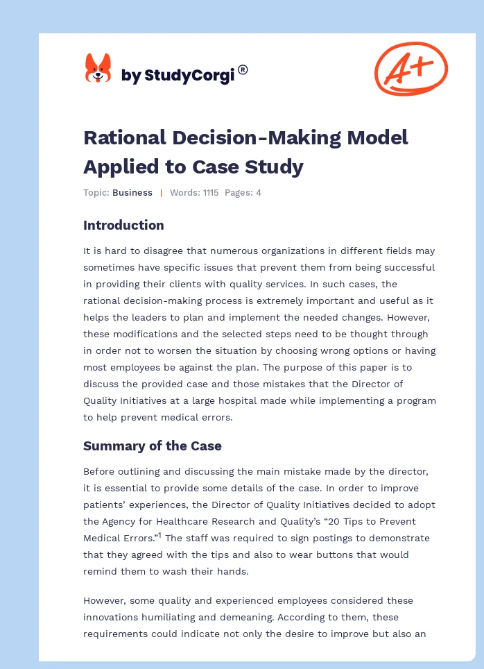 Rational Decision-Making Model Applied to Case Study. Page 1