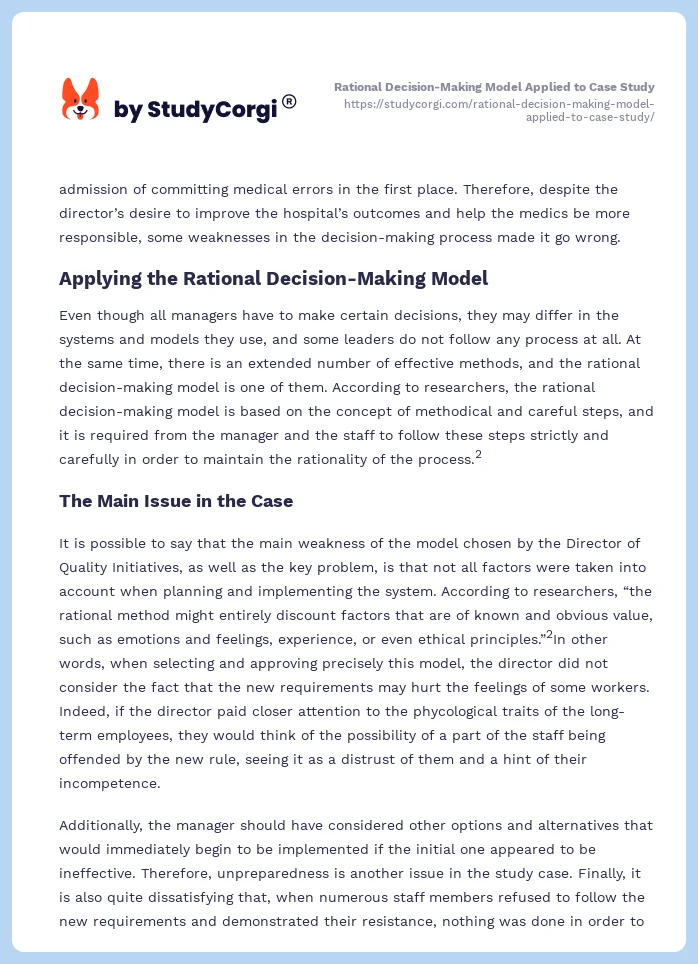 Rational Decision-Making Model Applied to Case Study. Page 2