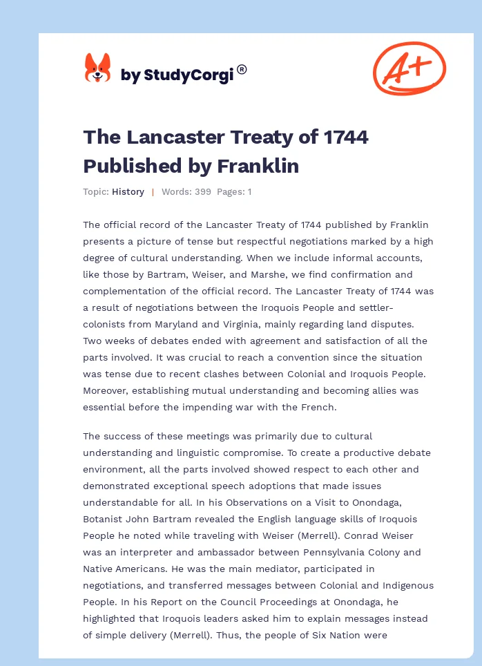 The Lancaster Treaty of 1744 Published by Franklin. Page 1
