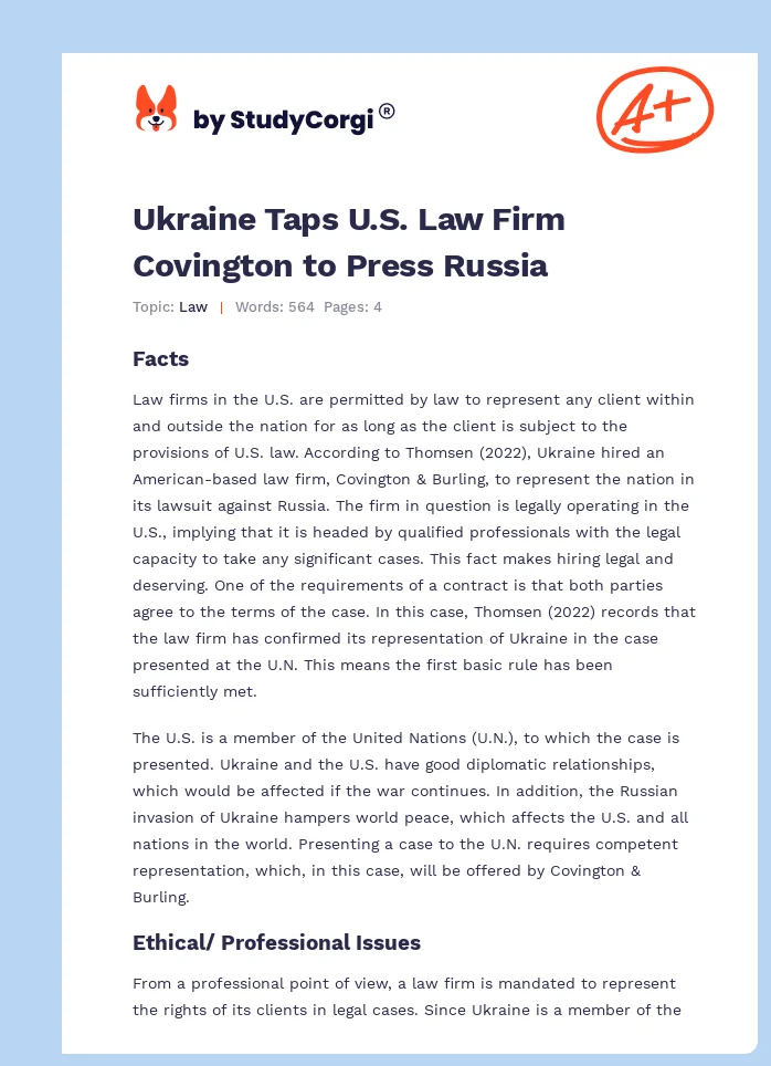 Ukraine Taps U.S. Law Firm Covington to Press Russia. Page 1
