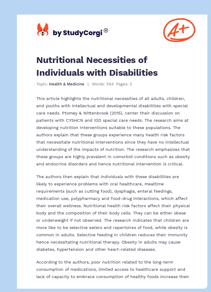 Nutritional Necessities of Individuals with Disabilities. Page 1