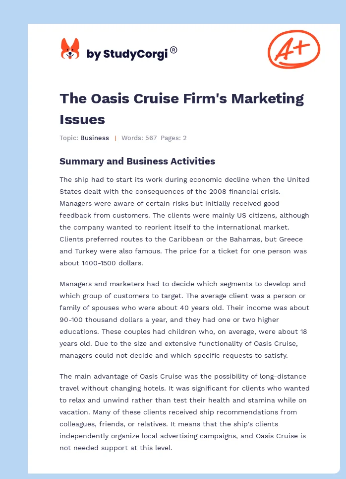 The Oasis Cruise Firm's Marketing Issues. Page 1