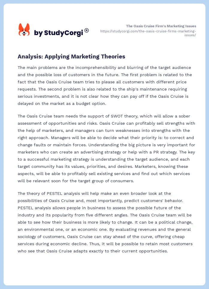 The Oasis Cruise Firm's Marketing Issues. Page 2