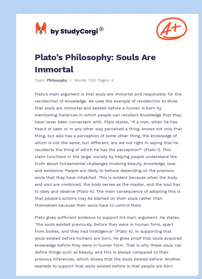 Plato’s Philosophy: Souls Are Immortal. Page 1