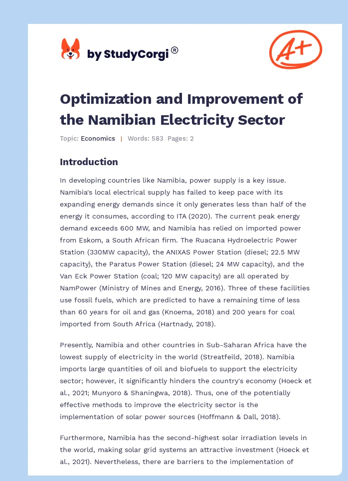 Optimization and Improvement of the Namibian Electricity Sector. Page 1