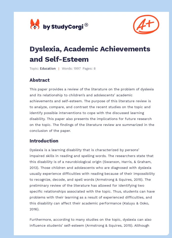 Dyslexia, Academic Achievements and Self-Esteem. Page 1
