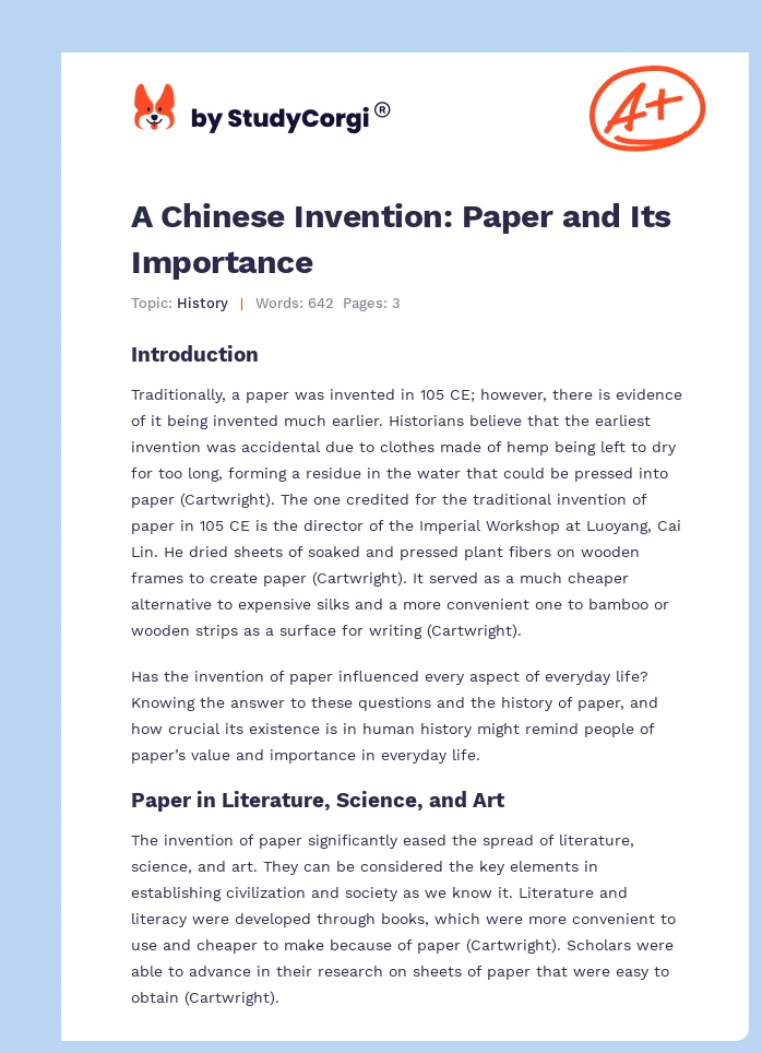 A Chinese Invention: Paper and Its Importance. Page 1