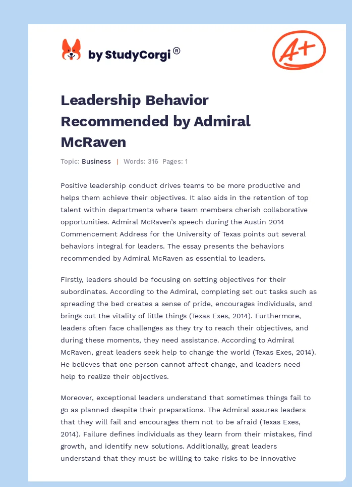 Leadership Behavior Recommended by Admiral McRaven. Page 1